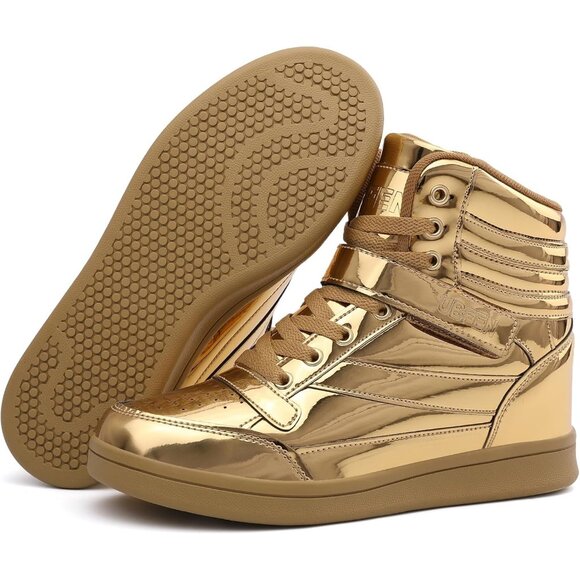 🆕 Gold Women's Hidden Wedge Sneakers 5.5cm High Top Bootie Casual Platform - Picture 2 of 6